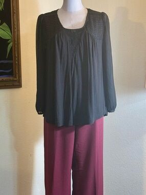 Lucky Brand Black Crewneck Lace Insert Sheer Sleeve Blouse